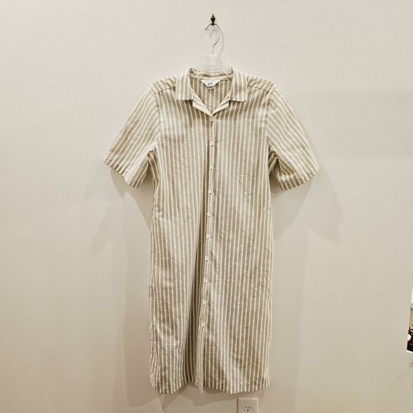 Andrew McMullan Dresses & Skirts - Vintage 90s Andrew Mcmullen White Beige Stripe Sz 12 Cotton Collared Shirt Dress